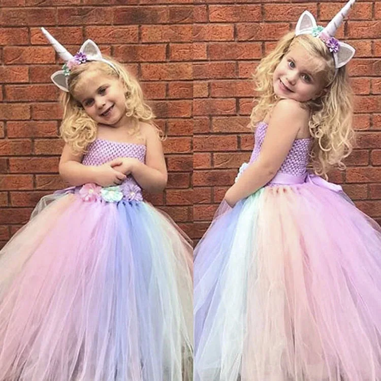 Cute Girls Unicorn Flower Dress Kids Pastel Tutu Dress Crochet Tulle Dresses with Hairbow Ball Gown Children Party Costume Dress