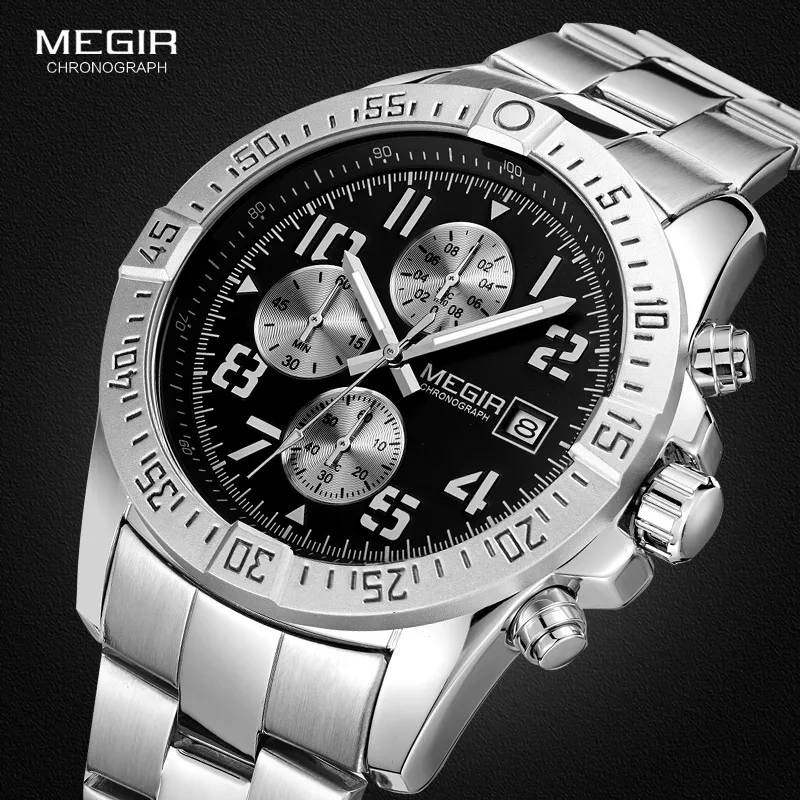 Megir Mens Chronograph Stainless Steel Quartz Watches Fashion Waterproof Luminous Round Dial Wristwatch for Man with Date M2030