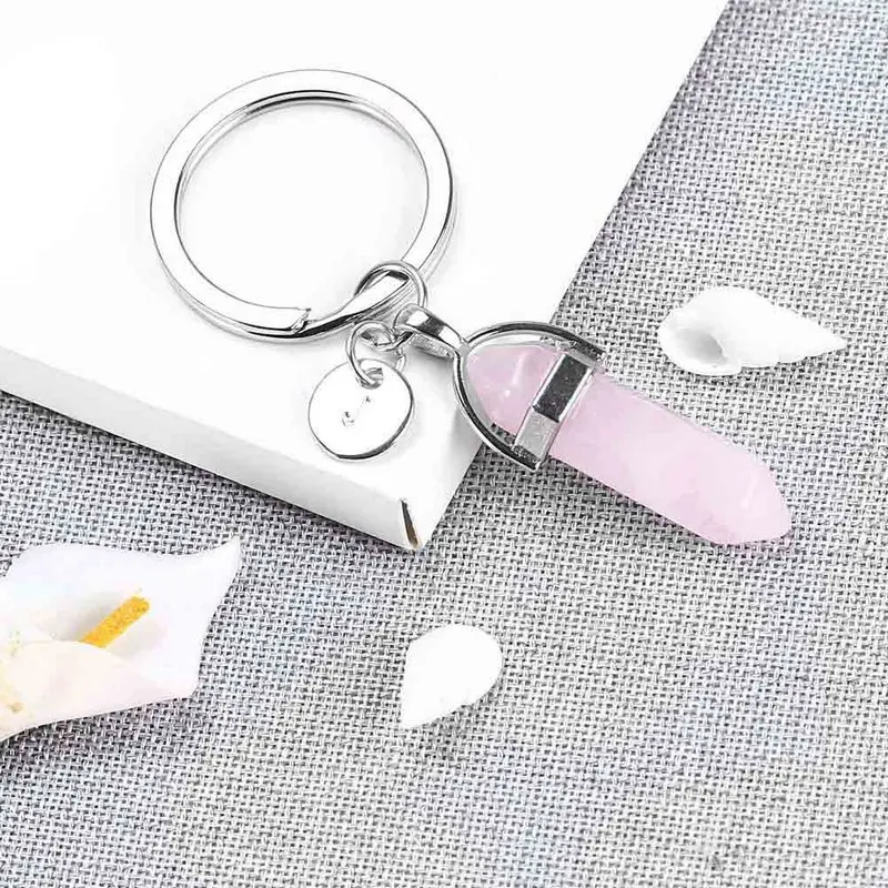 Natural Stone Pendant Keychain Natural Quartz Stone 26 letter Pink Crystal good luck Key Chains Accessories Jewelry Gift