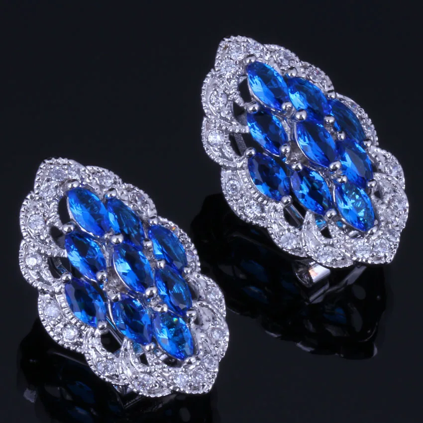 Admirable Marquise Blue Cubic Zirconia White CZ Silver Plated Clip Hoop Huggie Earrings V0886