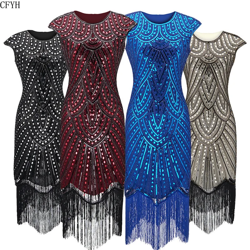 

Vintage 1920s Flapper Great Gatsby Dress O-Neck Cap Sleeve Sequin Fringe Party Midi Dress Vestidos Verano Summer Dress