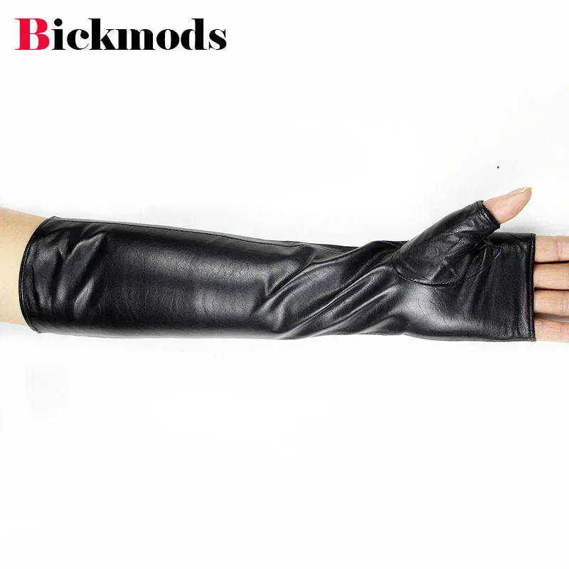 38cm Long Sheepskin Fingerless Gloves Women\'s Half Finger Gloves Ladies Fashion All-match Autumn Warm Leather Sleeves