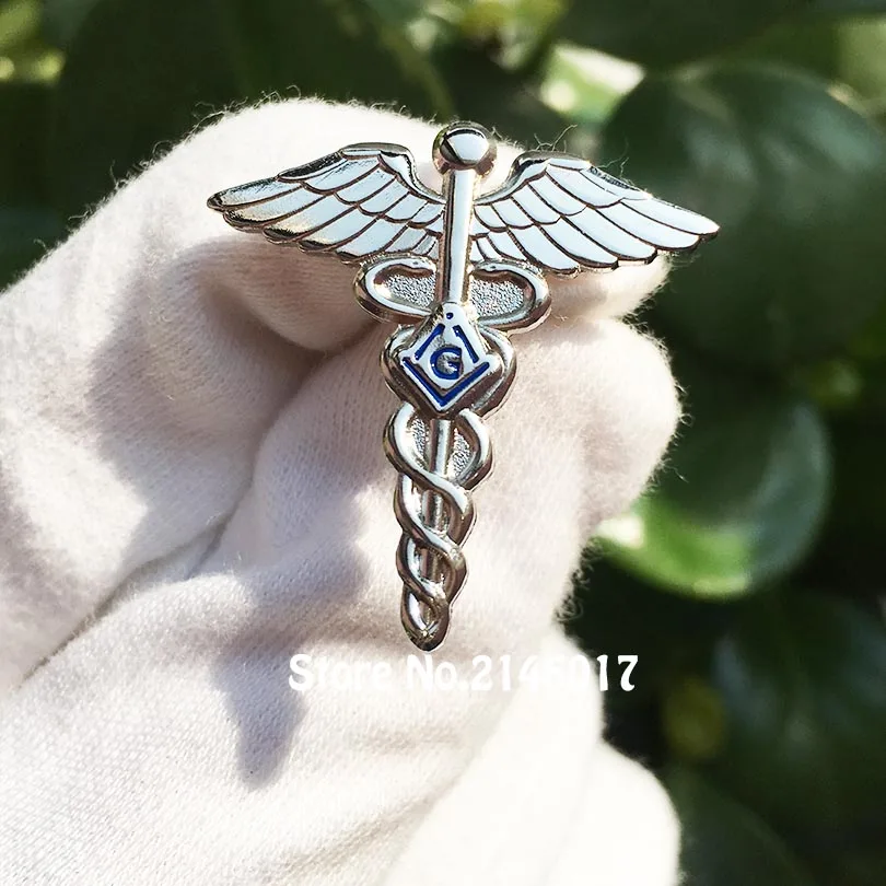 Silver Color 30mm Masonic Lapel Pin Freemason Lodge Medical Doctor Pins and Brooch Masonry Wings Snake Symbol Free Masons Badge