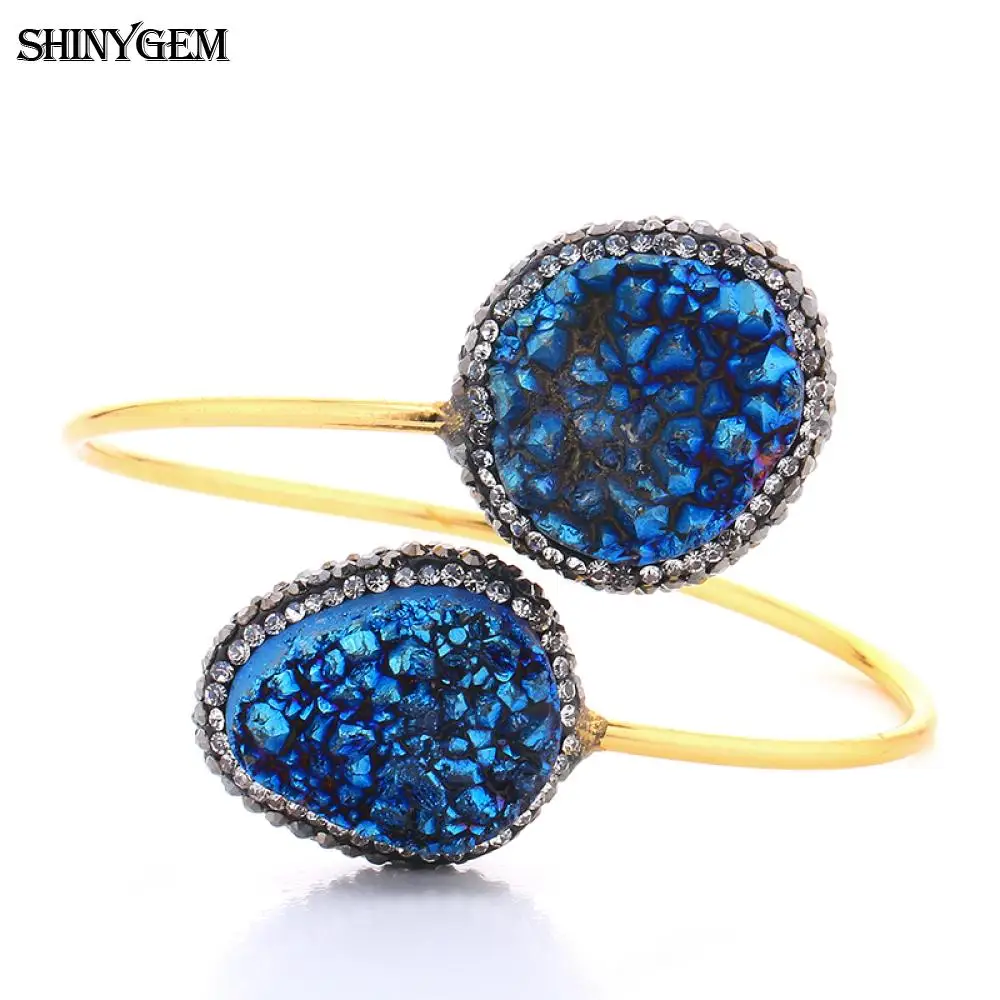 

ShinyGem Vintage Adjustable Big Druzy Stone Bangle Bracelets Smooth Gold Plating Large Natural Stone Open Cuff Bangles For Women