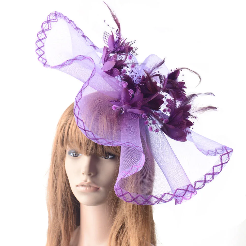

Handmade Super Big Feather Flower Bead Fascinator HaipinWedding Bride Hat Woman Net Gauze Feather Headwear Party Show Headdress