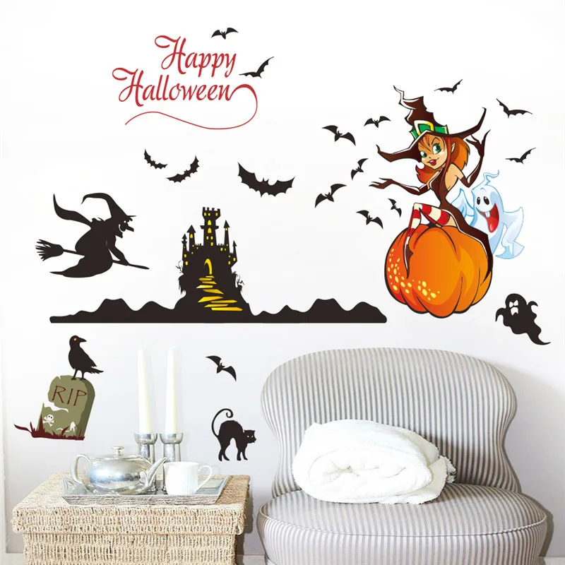 Happy Halloween Decor Witch Ghost Pumpkin Castel Bat Cat Wall Stickers Wall Decal Mural Art poster Home Decoration