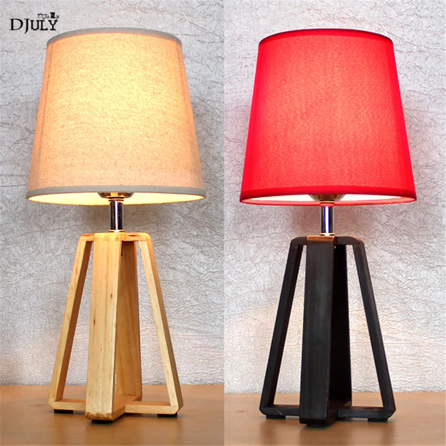 

American country Pine wood base fabric table lamp for study living room Minimalism home deco bedroom lamp office led table light