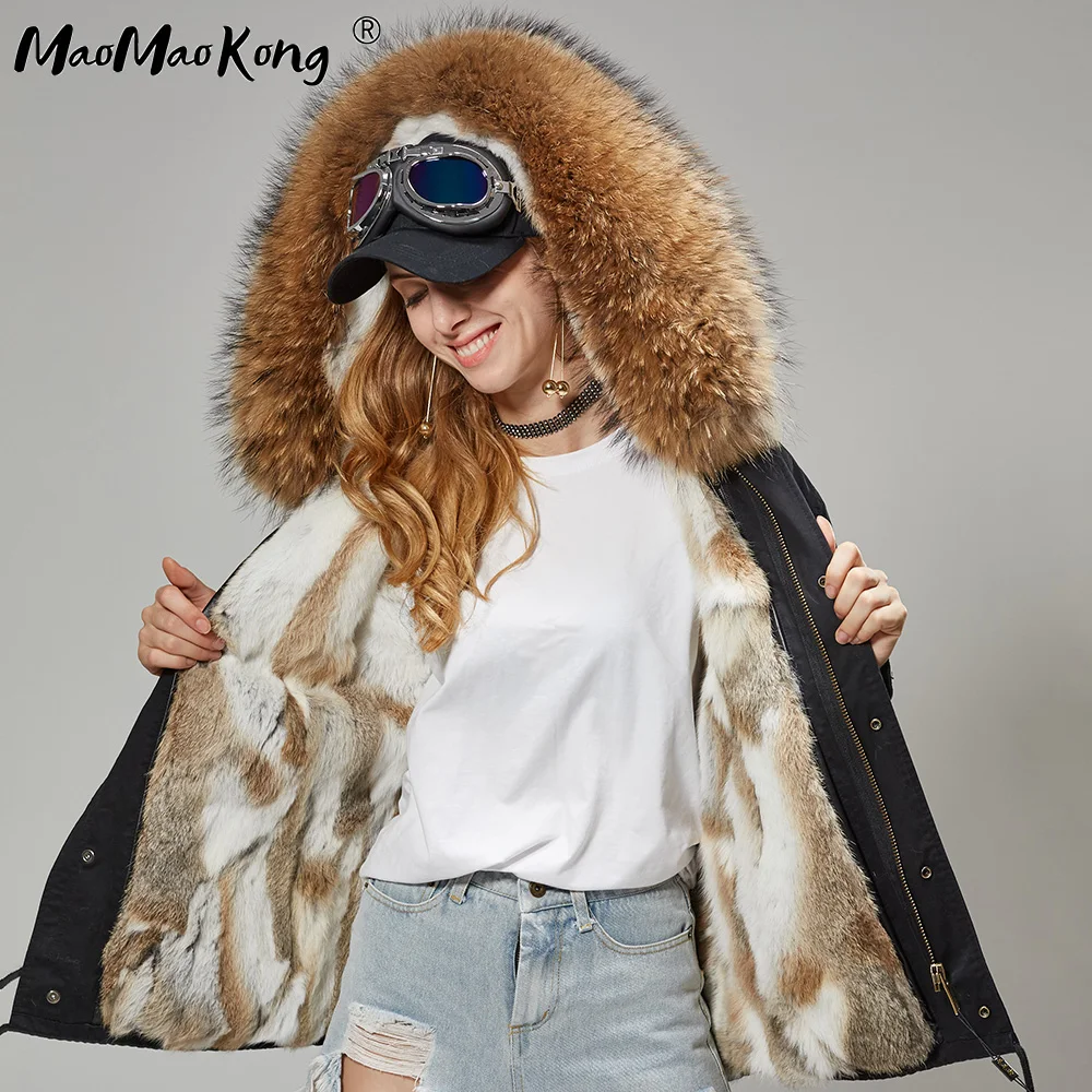 Maomaokong 2022 donna grande collo di pelliccia di procione cappotto con cappuccio parka Outwear fodera in pelliccia di coniglio staccabile giacca