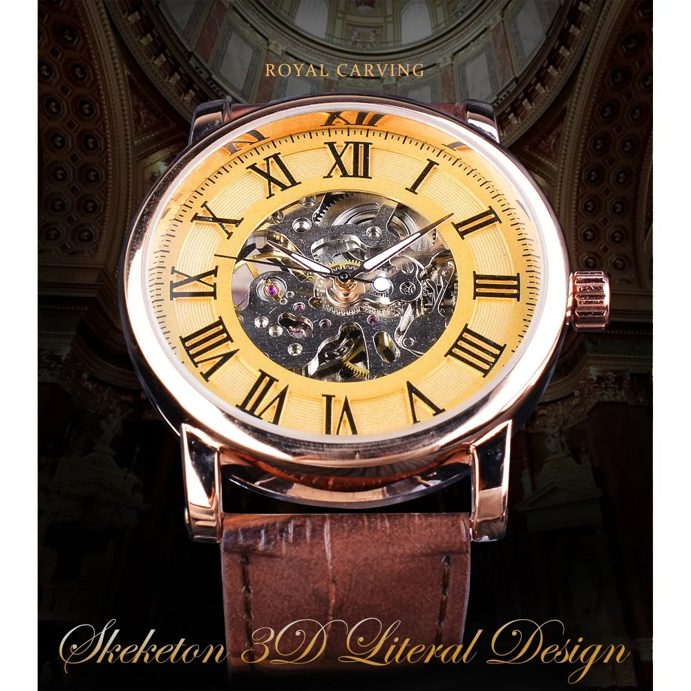 Forsining Classic Retro Design Skeleton Golden Roman Number Brown Leather Mens Mechanical Watch Top Brand Luxury Automatic Watch