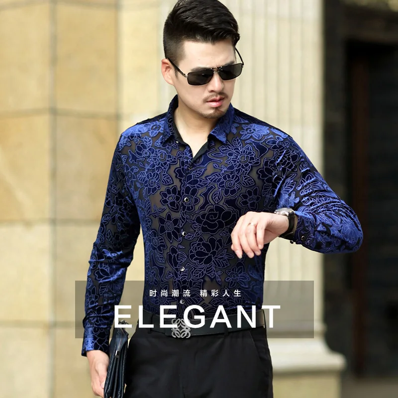 Man Lace Dress Shirt Long Sleeve Silk Velvet Transparent Shirts Hollow Floral See Through Clothes Free Shipping