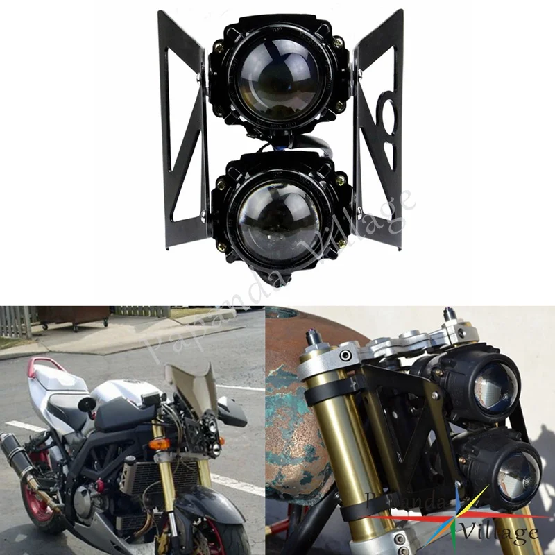 Papanda Motorbike Dual Sport Twin Headlight Streetfighters Headlamp Projector Lamp W/ Mount Bracket for Honda Yamaha Kawasaki