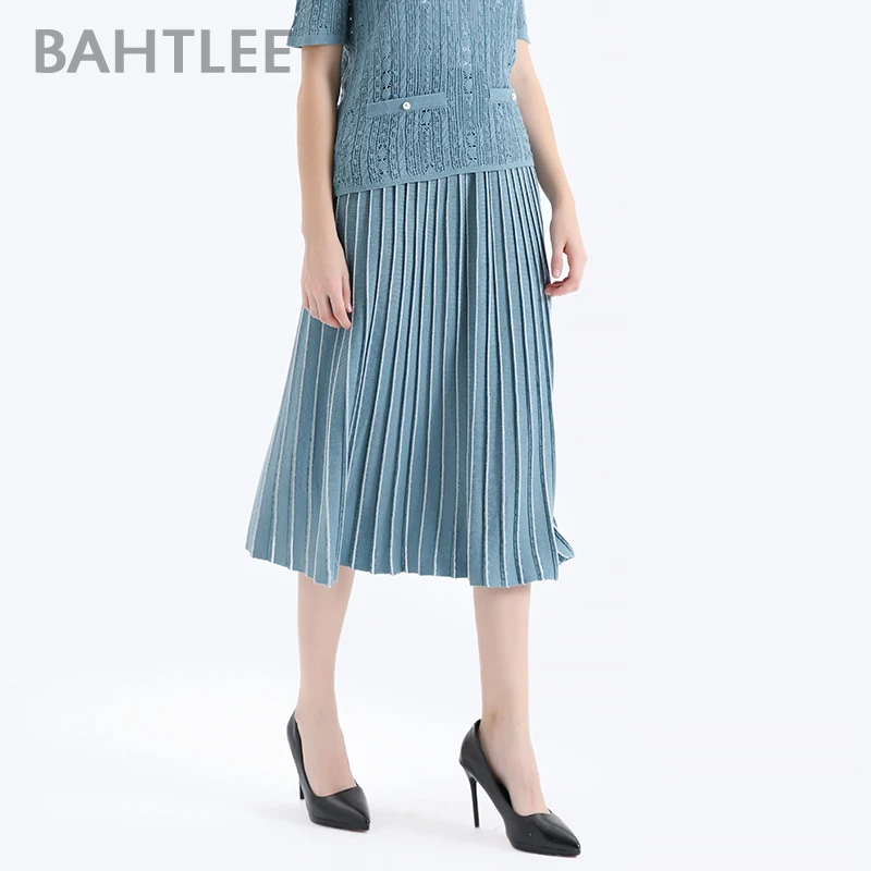 

BAHTLEE-Women's Golden Silk Pleated Skirt with Waistband, Mid Calf Jumper, A Line Style