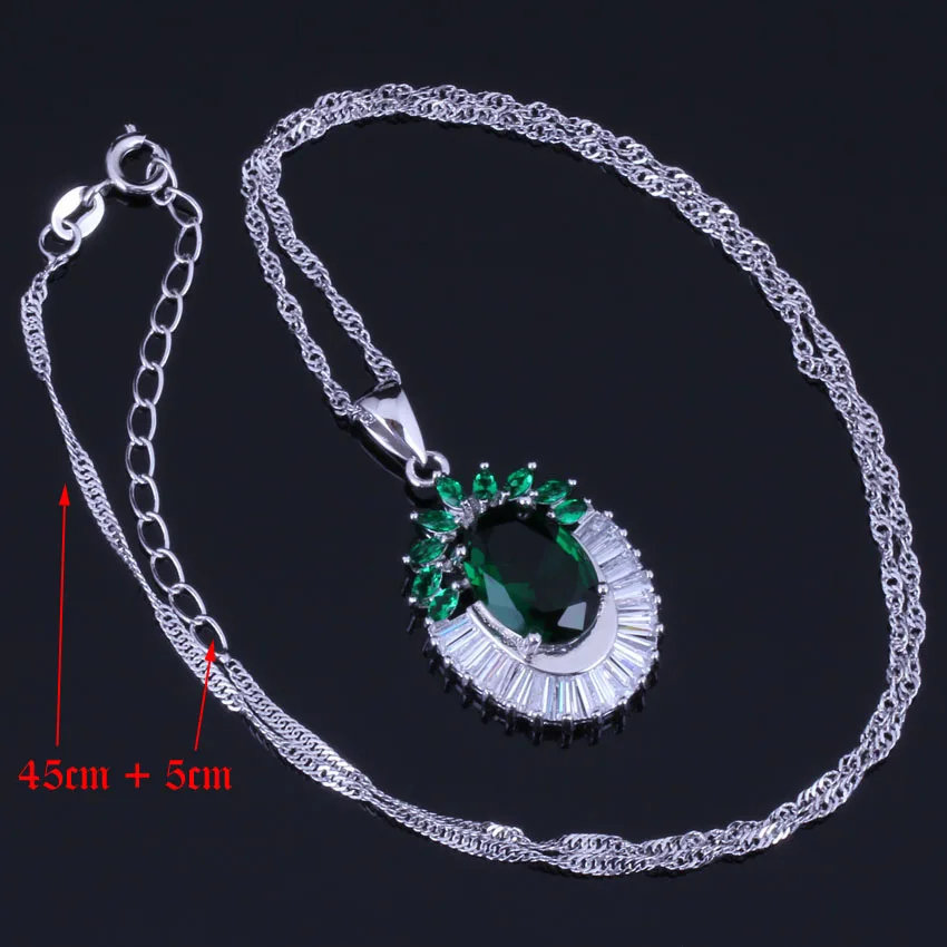 Glowing Flower Green Cubic Zirconia White CZ Silver Plated Jewelry Sets Earrings Pendant Chain Ring V1004