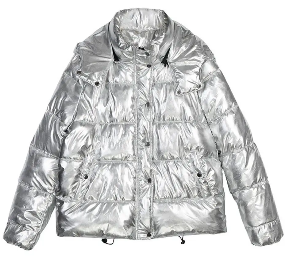 Wholesale Winter New Fashion Women\'s Golssy Silver Thicker Warm Down Jacket Female Shiny Waterproof Hooded Down coat wj1772