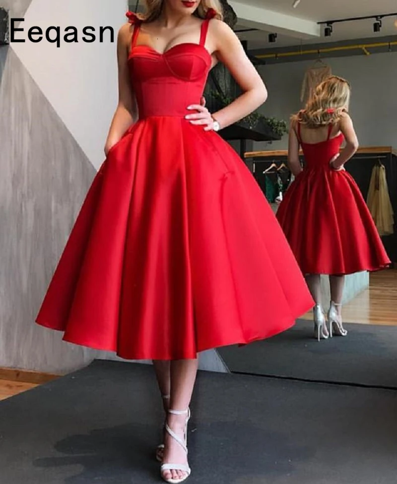 Elegant Red Short Cocktail Dresses Women Satin Party Dress for Wedding Knee Length A Line Robe de Cocktail Prom Gown Customized