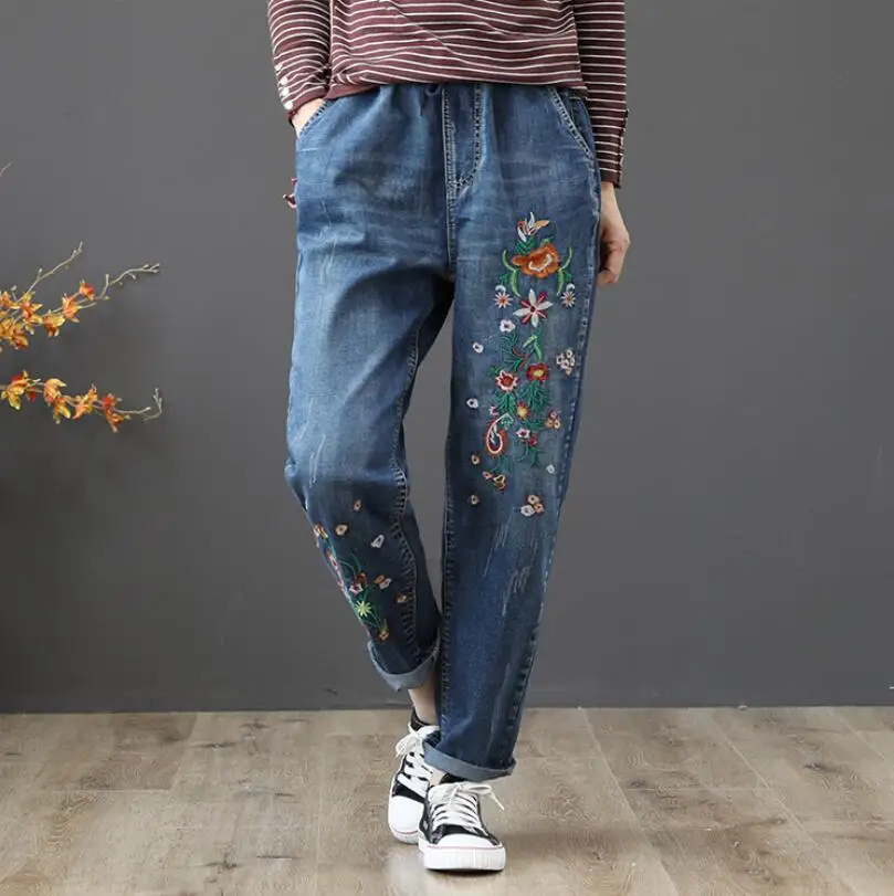 

Spring jeans for women with high waist womens Vintage Flower embroidery Elastic waist loose Denim pants w427
