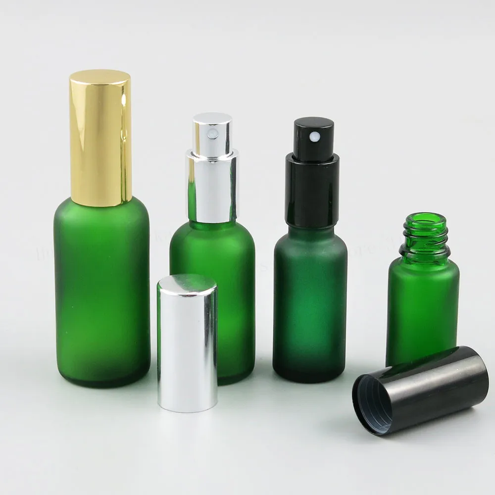 

Refillable Frost Green Glass Bottle With Gold Silver Black Aluminium Mist Sprayer 100ml 50ml 30ml 20ml 15ml 10ml