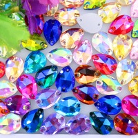 Fat water drop shape AB colors glass crystal flat back with two holes 4 Sizes Sew on rhinestone dress shoes bags diy trimming