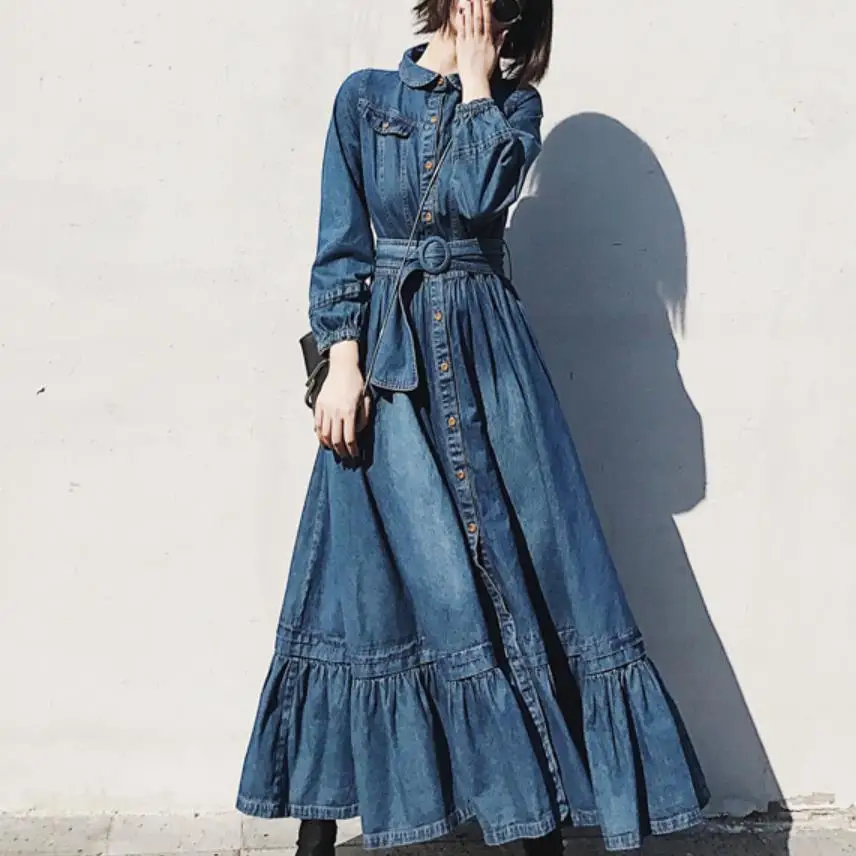 spring new vintage lantern sleeve denim dress women high waist single breasted ruffles big swing long jeans dress