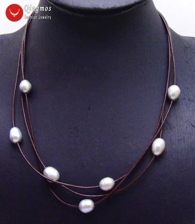 Qingmos Natural Pink Pearl Necklace for Women with 10-11mm Potato Pearl Pendant Leather 3 Strands 19-21