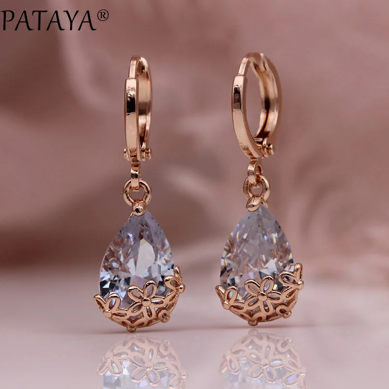 PATAYA New White Water Drop Long Earrings 585 Rose Gold Color Patterned Asymmetry Dangle Earrings Women Wedding Fashion Jewelry