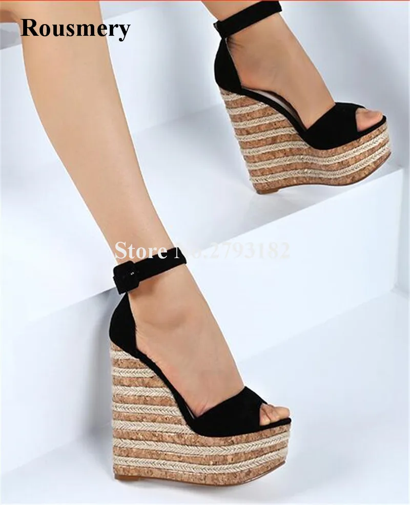 

New Fashion Women Open Toe Suede Leather High Platform Straw Bottom Wedge Sandals Ankle Strap Super High Wedge Sandals