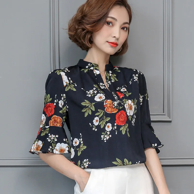 Women Chiffon Shirt Summer New Style Half Sleeved Flare Sleeve Lady Loose Top Ruffled Print Temperament Female Blouses H9012