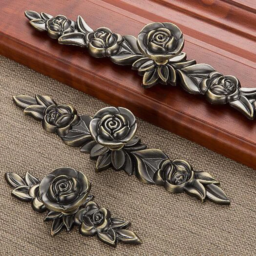 Vintage Cabinet Pulls Pastoral Rose Pattern Handle Wardrobe Dresser Drawer Knobs Decorative Handles Single Hole, S, M, L Size