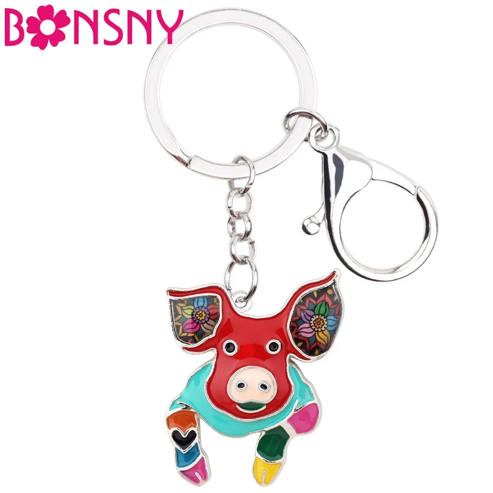 Bonsny Metal Alloy Lovely Pig Piggy Key Chains Keychain Keyrings Enamel Animal Jewelry For Women Girl Bag Car Charms Lady Gift