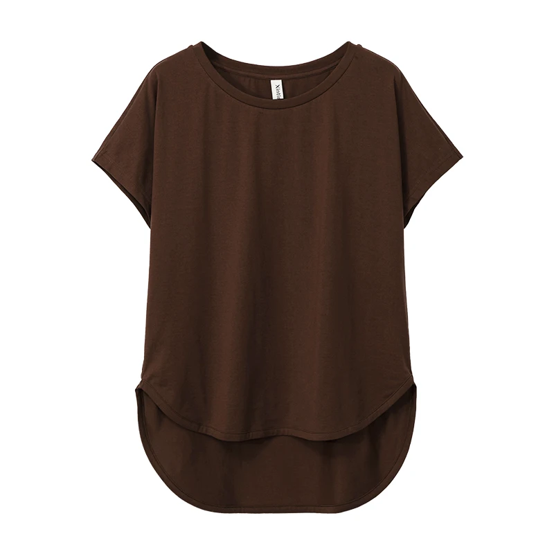 100% cotton Loose Casual Summer Short Sleeve Female T shirt Women Asymmetric O-neck Tee Tops M30326