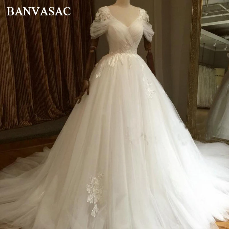 BANVASAC 2018 Vintage Lace Appliques Ball Gown Wedding Dresses Real Photos Pleat Beadings Bow Plus Size Court Train Bridal Gowns