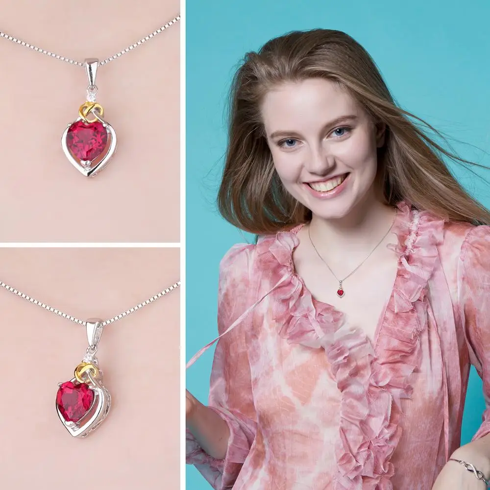 JewelryPalace Heart Knot Created Red Ruby 925 Sterling Silver Pendant Necklace for Women Gold Gemstone Choker Without Chain