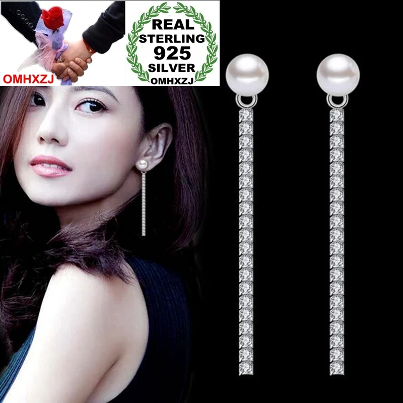 OMHXZJ Wholesale Jewelry Sweet Fashion joker for Woman Gift AAA Zircon Pearl 925 Sterling Silver Long Tassel Stud Earrings YS266