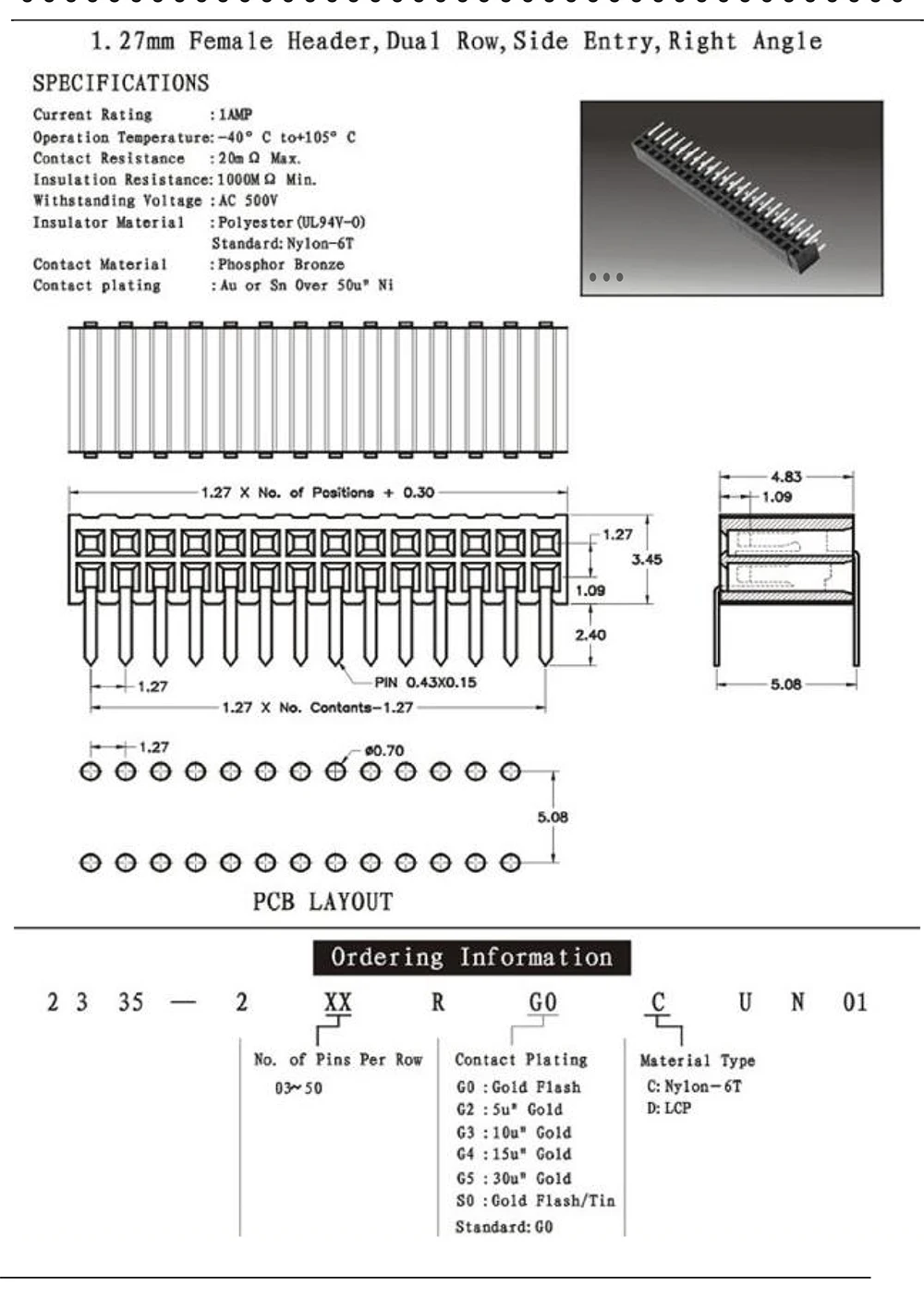 

50pcs 1.27mm Female Header 2x50P Side Entry Right Angle Dual Row Rohs Golden-Plated