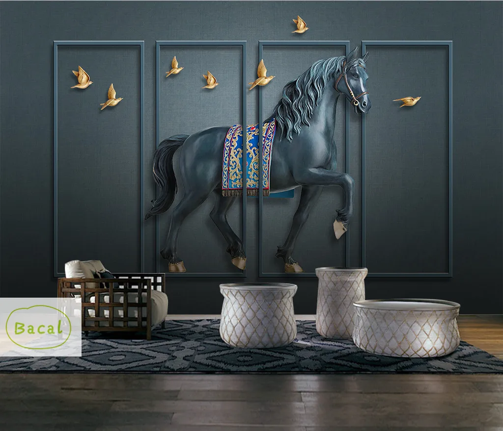 Bacal Black 3D European Wallpaper mural Luxury Classic Animal Wall Paper Living Room TV Background Decor horse murals for walls