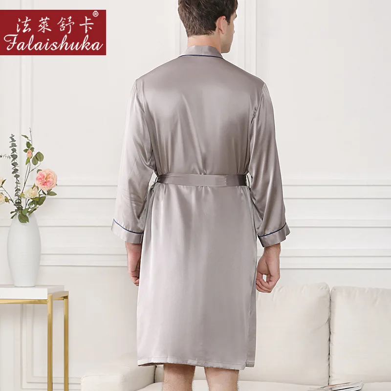 19 momme 100% mulberry silk robes men simple Long sleeve autumn Noble silver gray real silk male elegance robes S5631