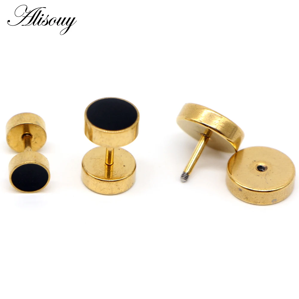 Alisouy 2pcs Stainless Steel Earring Studs Girl Boy Earrings Drip Oil Round Barbell Body Piercing Jewelry Fake Ear Plug Tunnels