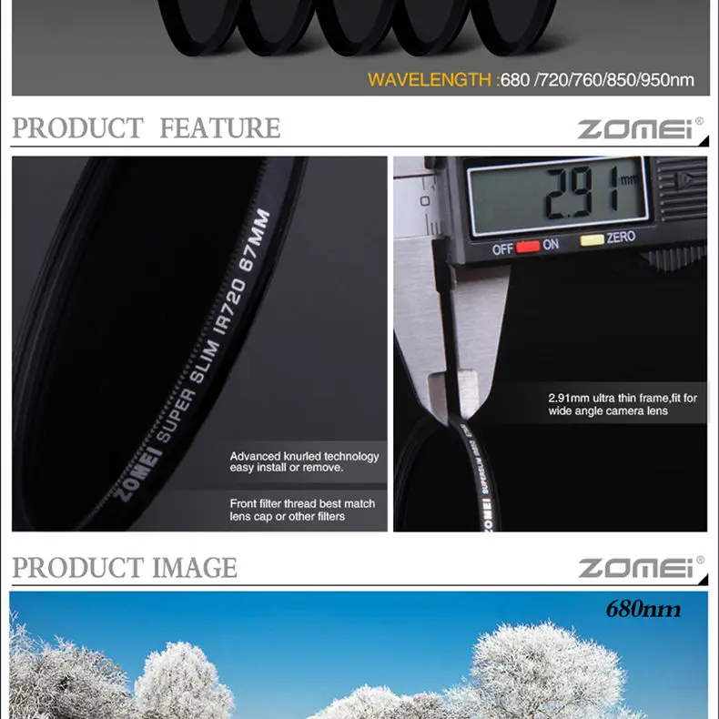 Zomei Infrared IR filter 680nm 720nm 760nm 850nm 950nm IR filter 37mm 49mm 52mm 58mm 67mm 72mm 82mm for SLR DSLR camera lens