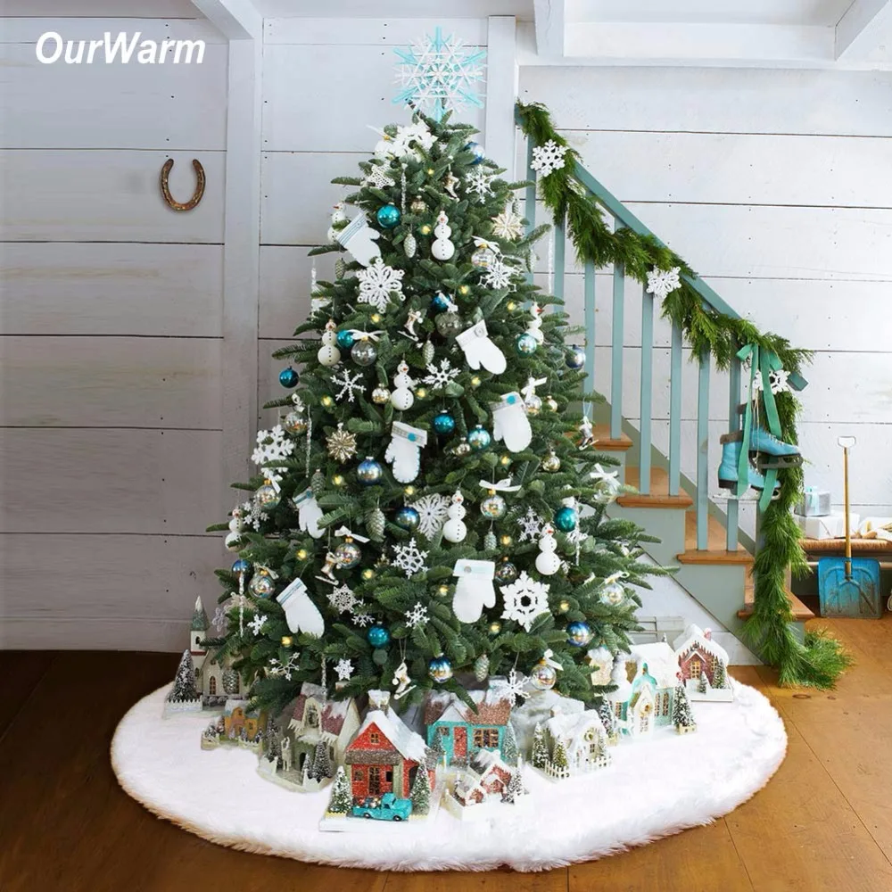 OurWarm Luxury Faux Fur Christmas Tree Skirt 48 inch New Year White Christmas Tree Decorations Christmas Decorations for Home