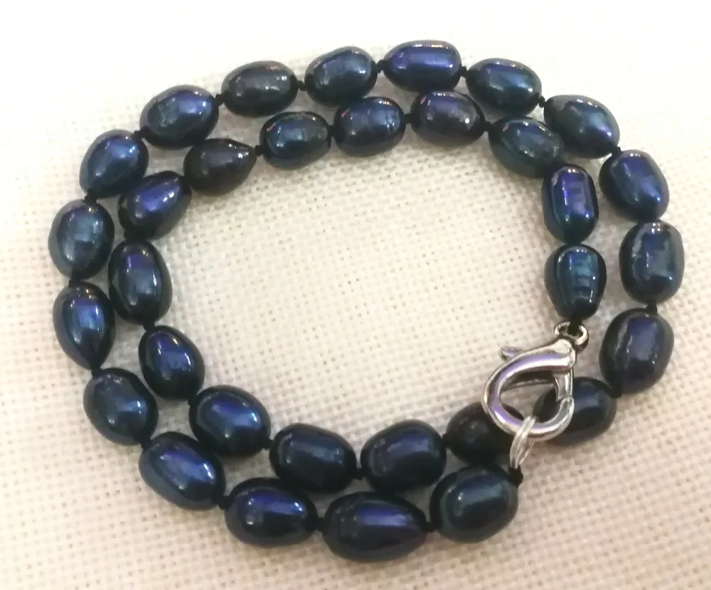 

9x10mm black blue oval round pearl necklace Real cultured freshwater pearl Jewelry gift