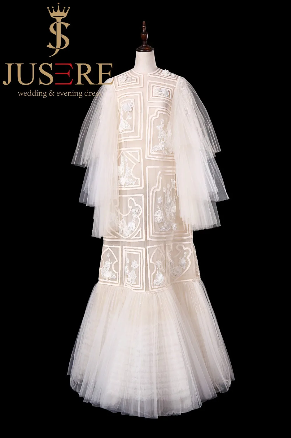 JUSERE FASHION SHOW Lace Ivory Wedding Dress Embroidery Long Sleeve Illusion Bridal Gowns Vestido de noiva