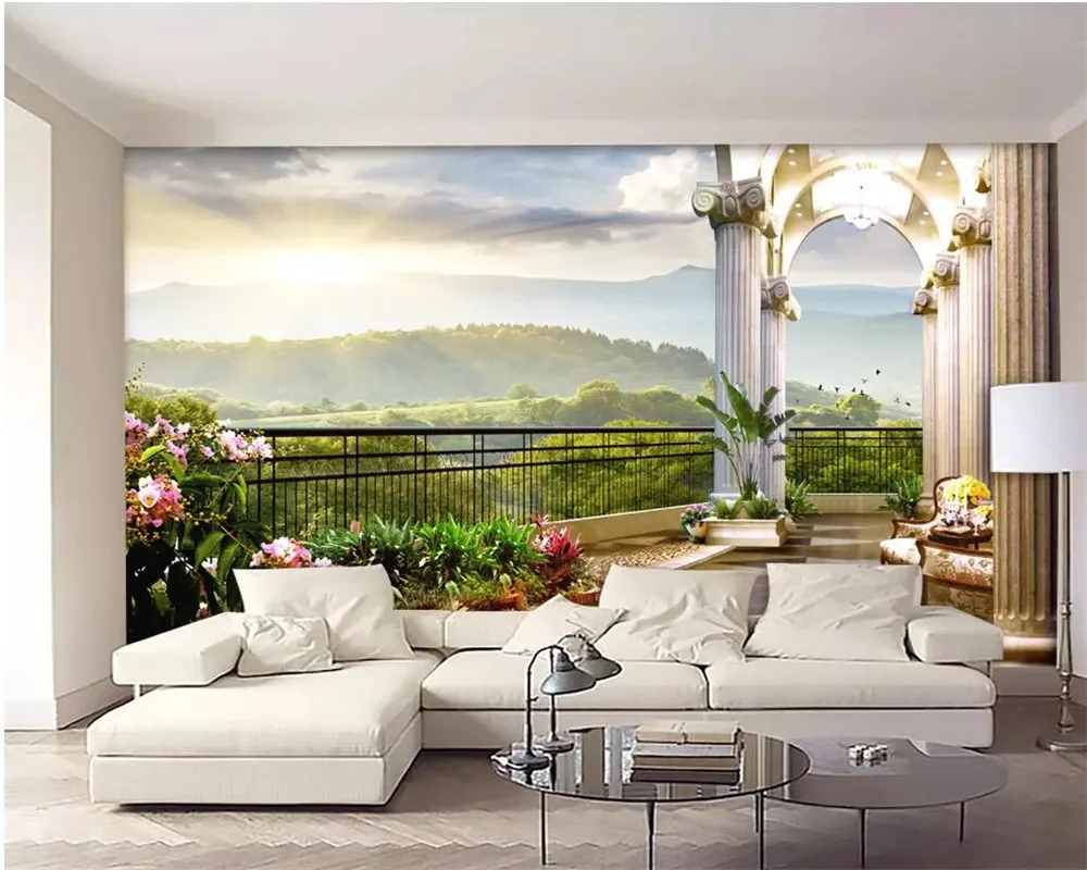 

beibehang Custom large wallpaper 3d stereo villa window balcony sunrise natural scenery living room background wall paper murals