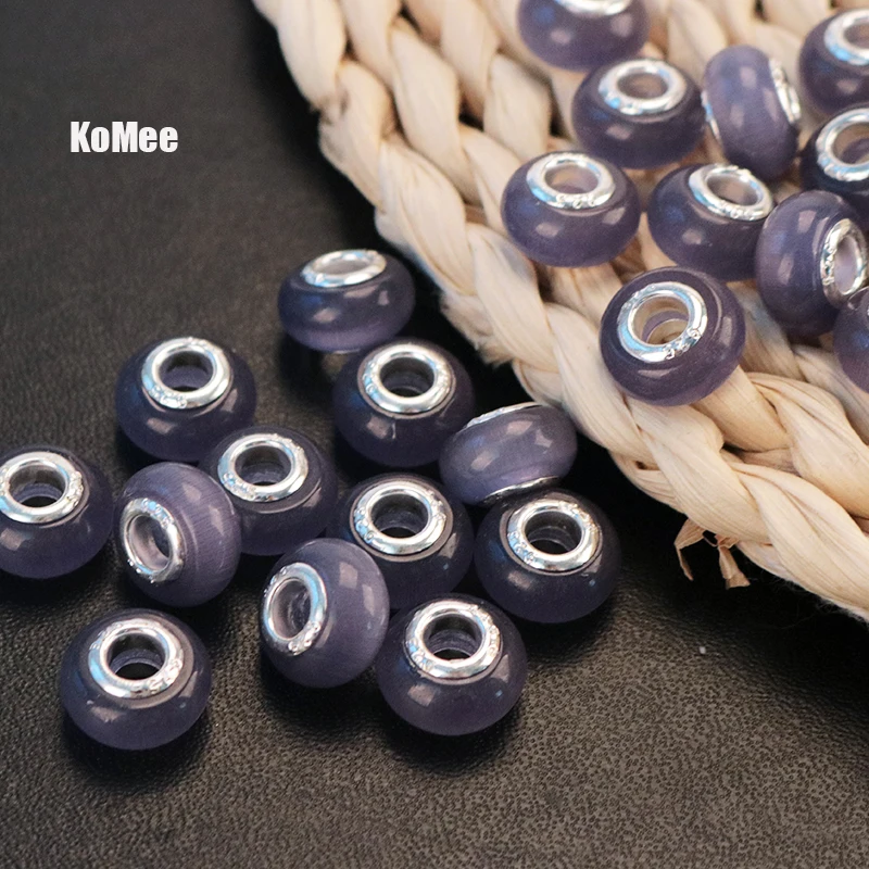 

Hotsale 100pcs/lot Round Cat Eye Glass Beads 9x14mm Violet Lampwork Big Hole Beads For Jewelry Making Charm Bracelet DIY Beads