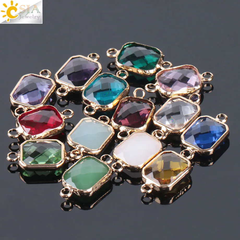 CSJA Bohemian Square Crystal Glass Beads Gold Color Double Rings Pendant for Necklace Bracelets Connector Jewellery Finding E880