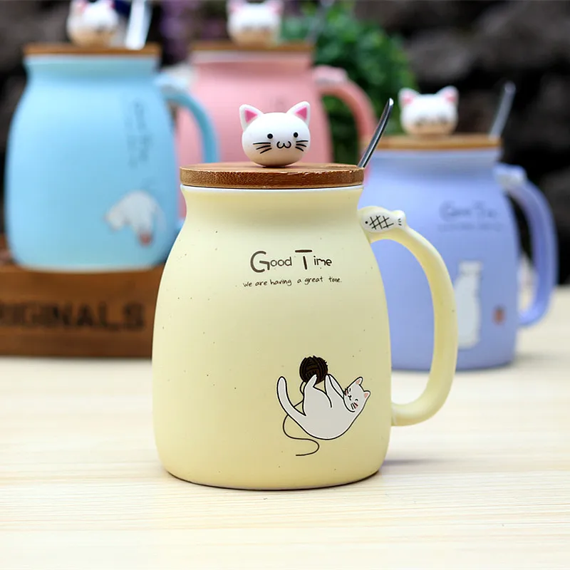 New arrival sesame cat heat-resistant cup with lid color cartoon kitten milk coffee ceramic mug children cup office gifts