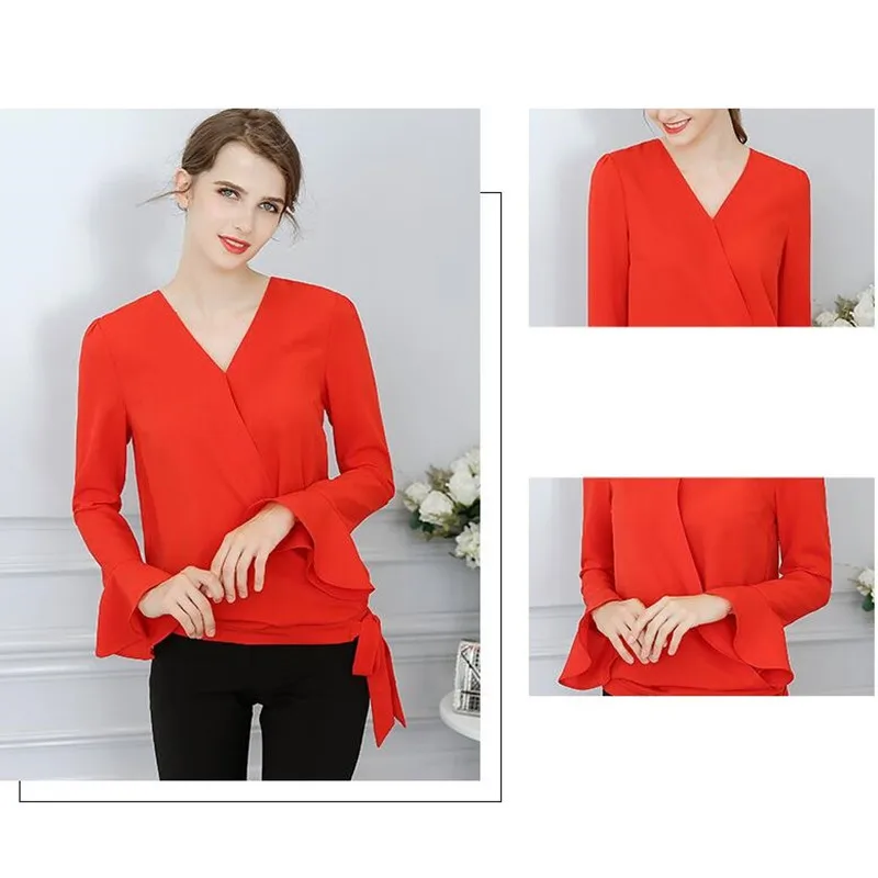 Long Sleeves Chiffon Blouse Women Pure Color Flare Sleeve V Collar Shirts Female Spring Summer Korean Fashion Leisure Top H9083