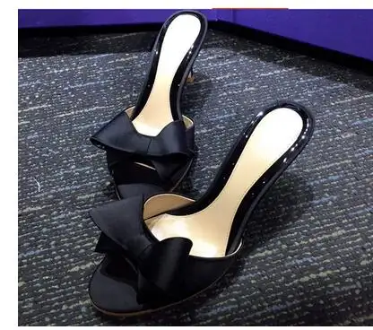 2019 New Sweet Mule Women Slippe Silk Butterfly Knot Mules Slip-on Kitten Heels Slippers Satin Dress Causal Outdoor Shoes femme
