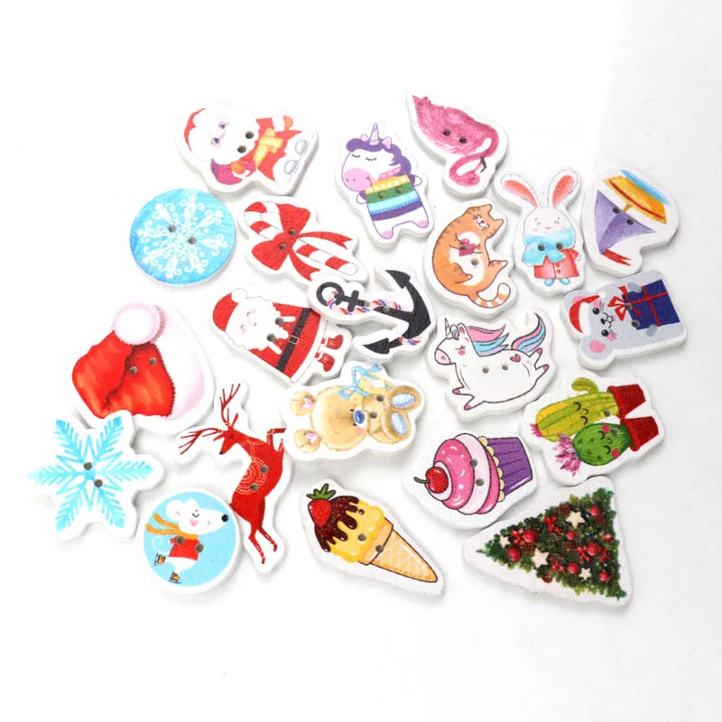 Wooden Christmas Cartoon Animals Pattern Buttons Handmade Sewing Clothing Scrapbooking Crafts  DIY  2 Holes 20-35mm 20pcs