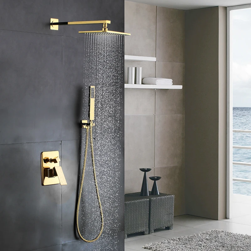 

Wall mounted 2 functions Luxury Gold plating All brass copper bathroom shower faucet set withe 8 inch brass Rainfall shower head