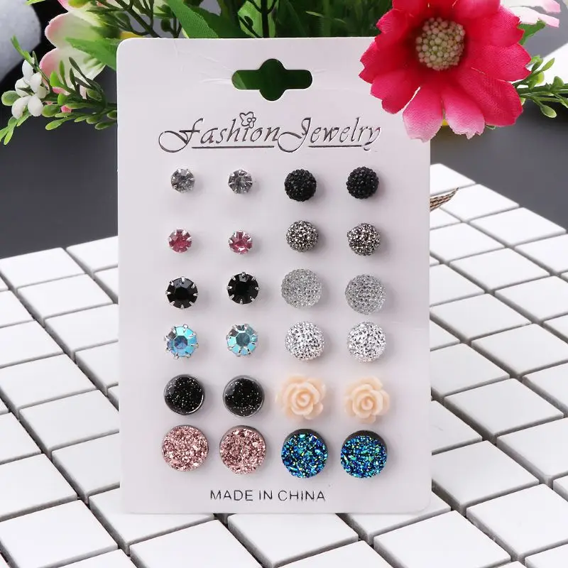 12 Pairs Fashion Women Earrings Assorted Crystals Druzy Stone Resin Stone Round Stud Earrings Set